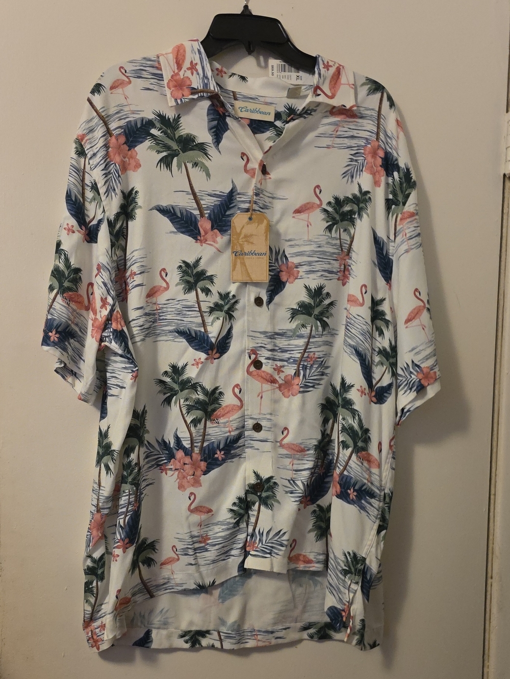 Caribbean White Tropical Flamingo & Palm Short Sleeve Button-Down Shirt